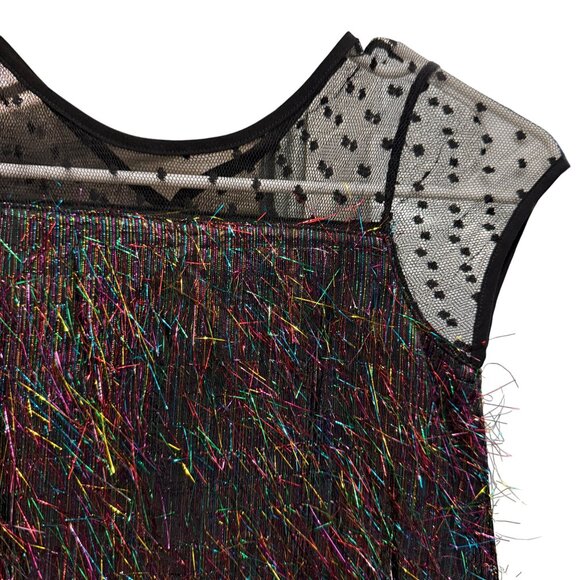 Kidpik Girls Black Rainbow Fringe Mesh Dress S 7/8 Cap Sleeves Polka Dot Details - Picture 2 of 5